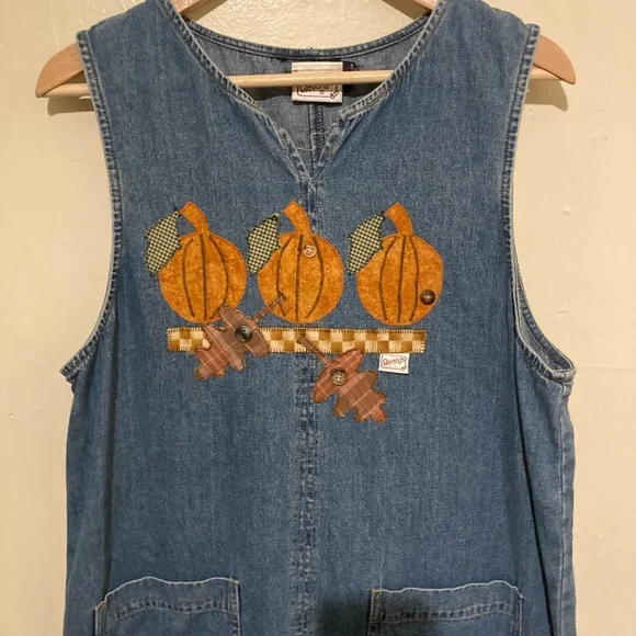 Beverly’s Pumpkin Fall Vintage Denim Sleeveless Jumper Dress Women’s Size 14 - Picture 2 of 5